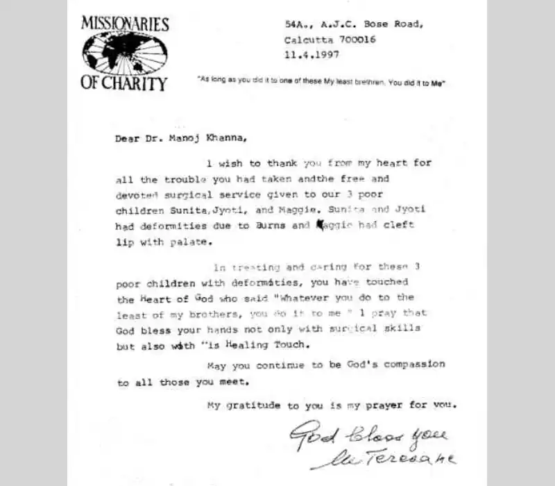 Certificate of Appreciation from Mother Teresa (Missionaries of Charity). | Plastic Surgery India