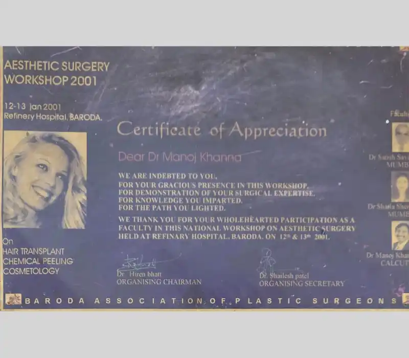 Certificate of Appreciation from Aesthetic Surgery Workshop | Plastic Surgery India
